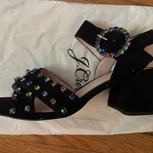 Jcrew black suede block heels, rhinestone details, dust bag